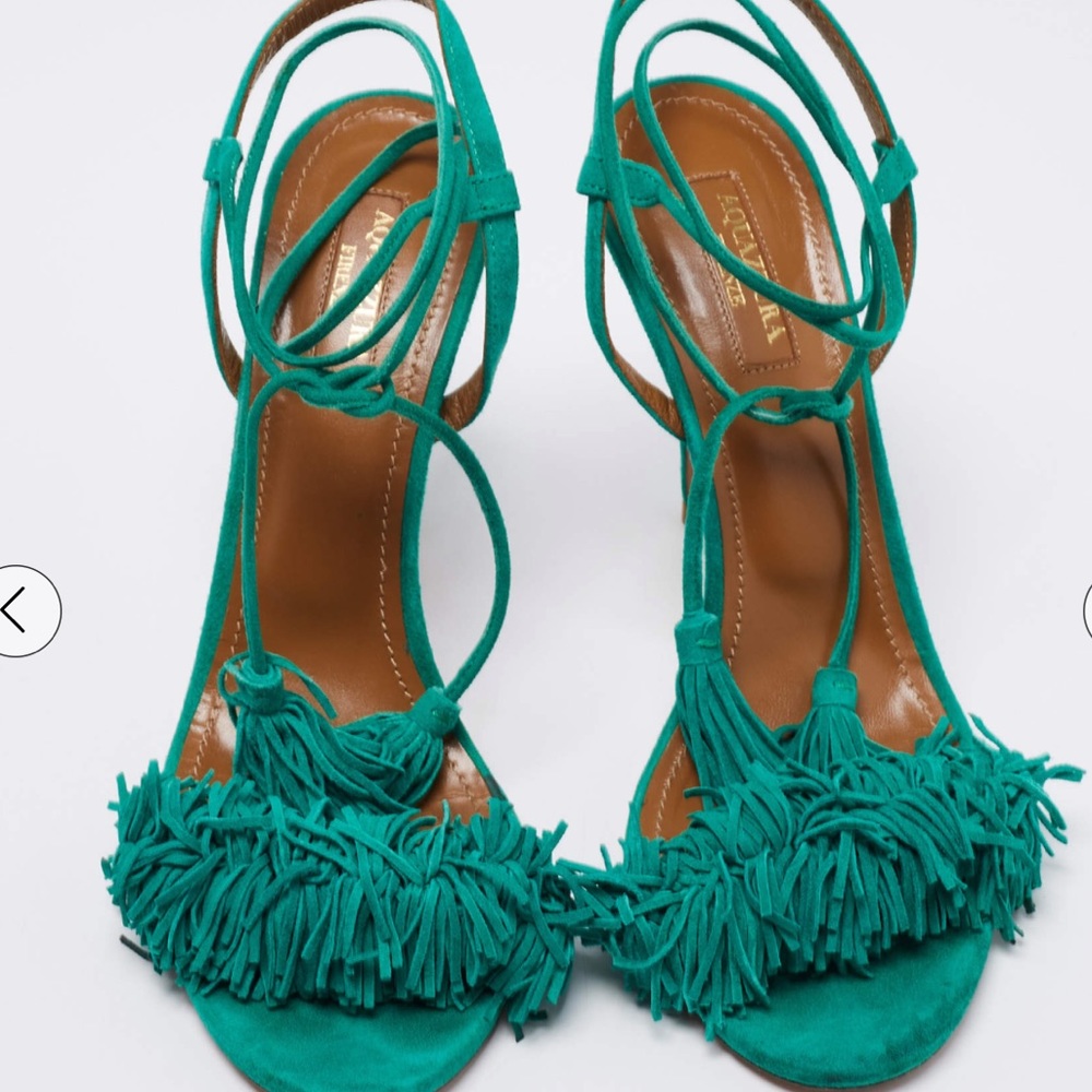 Aquazzura Teal Green Fringed Suede Wild Thing Tasseled Ankle Wrap Sandals Size